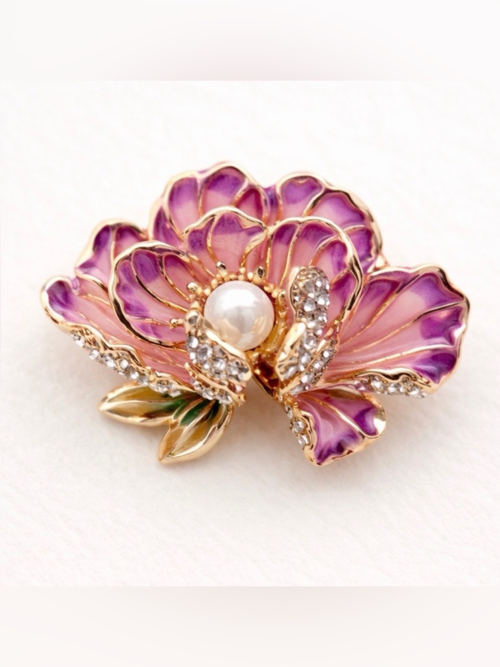Purple Enamel Flower Brooch with Pearl & Crystal Accents